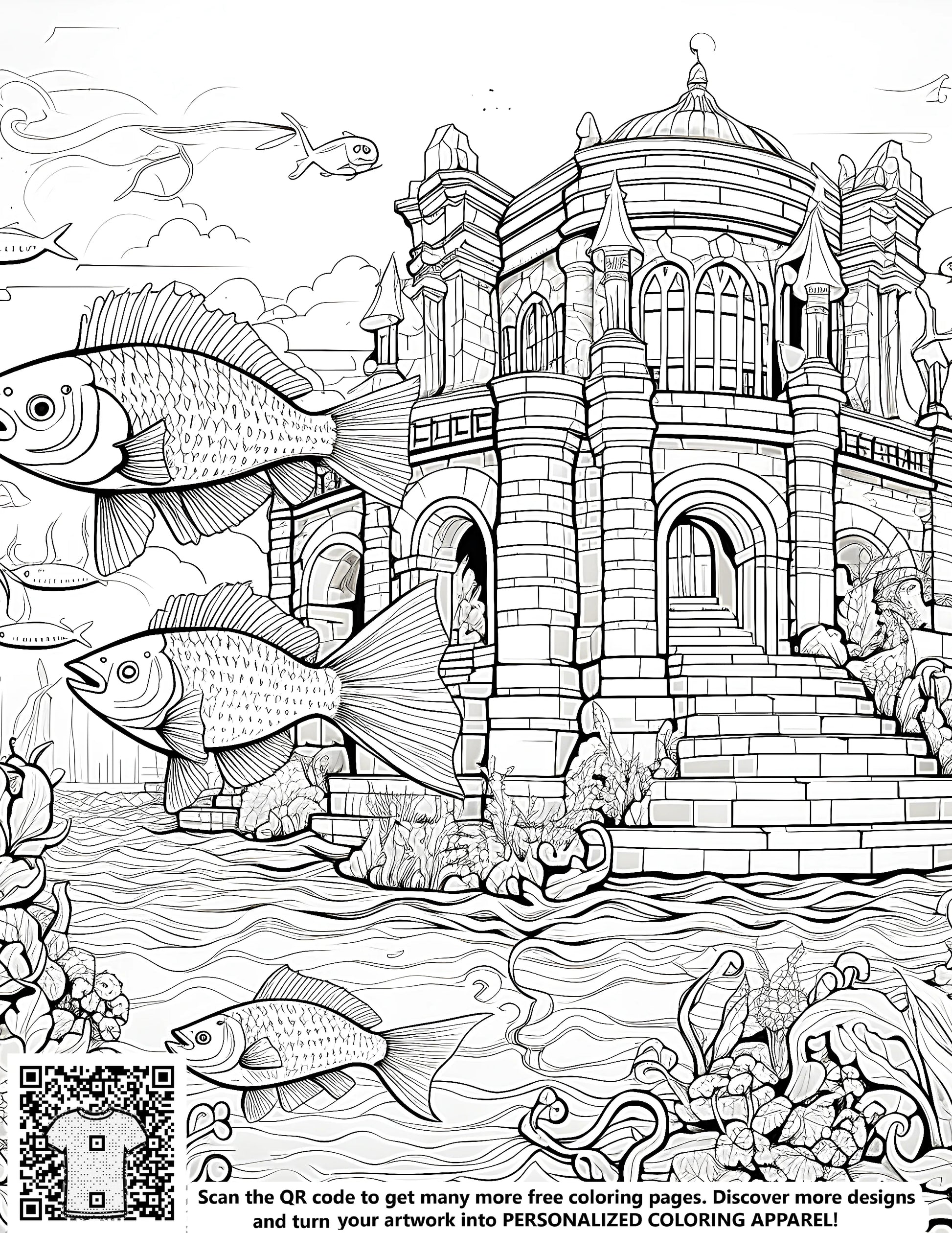 Underwater castle coloring page with intricate details, ocean scene, mermaid architecture, sea castle illustration