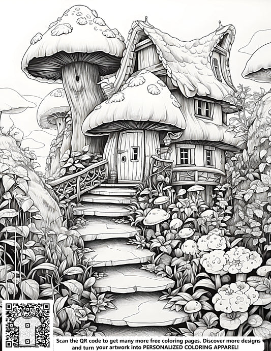 Whimsical mushroom abode illustration for coloring pages, complete with intricate details and surrounded by lush greenery