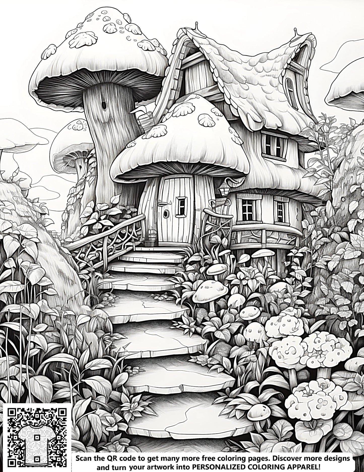 Free Whimsical Mushroom Home Coloring Pages, Woodland Cottage Illustrations, and Garden Scene Designs