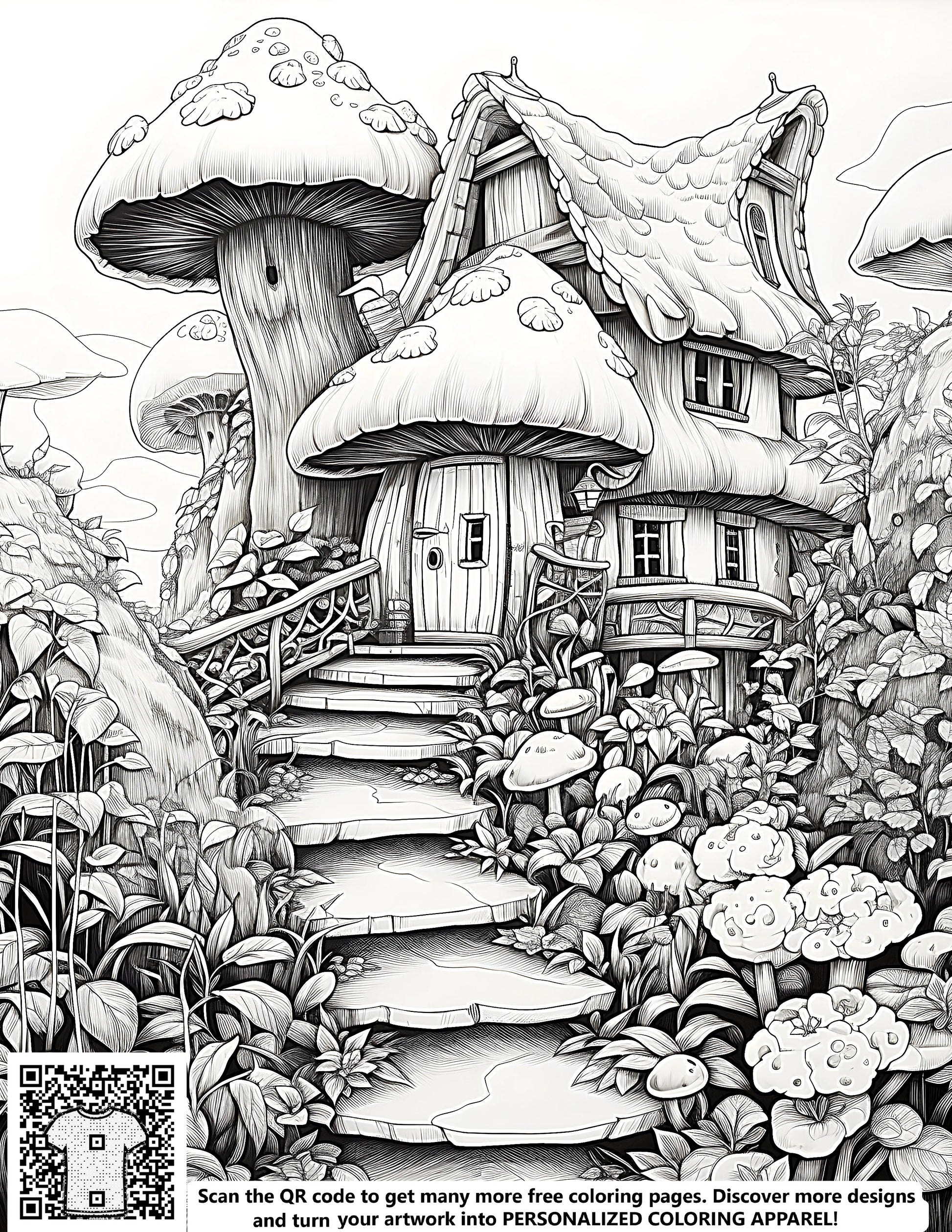 Free Whimsical Mushroom Home Coloring Pages, Woodland Cottage Illustrations, and Garden Scene Designs