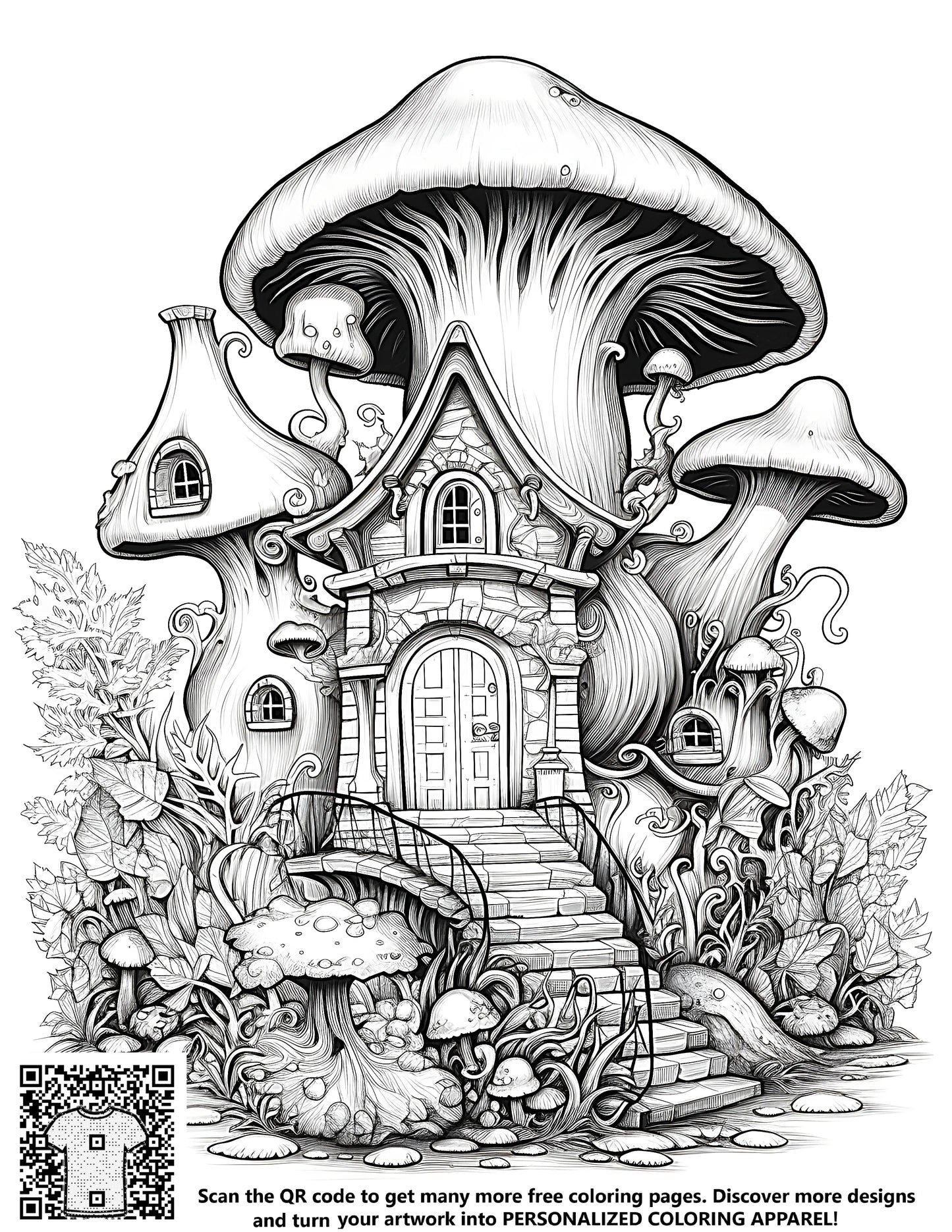 Whimsical black and white illustration of a fantasy mushroom cap house with ornate stairs and nature elements