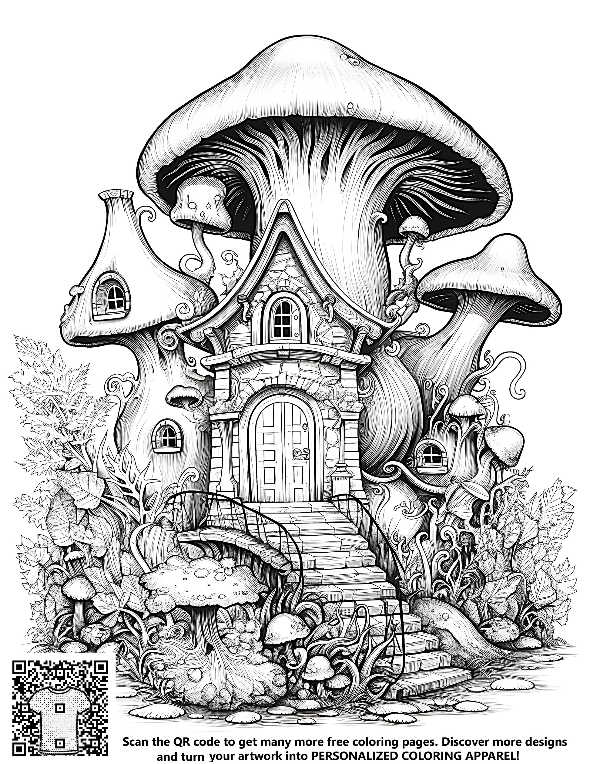 Whimsical black and white illustration of a fantasy mushroom cap house with ornate stairs and nature elements