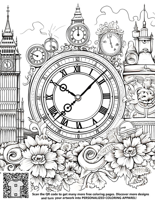 FREE Printable Coloring Page - Big Ben, Clocks, and Ornate Flowers Download