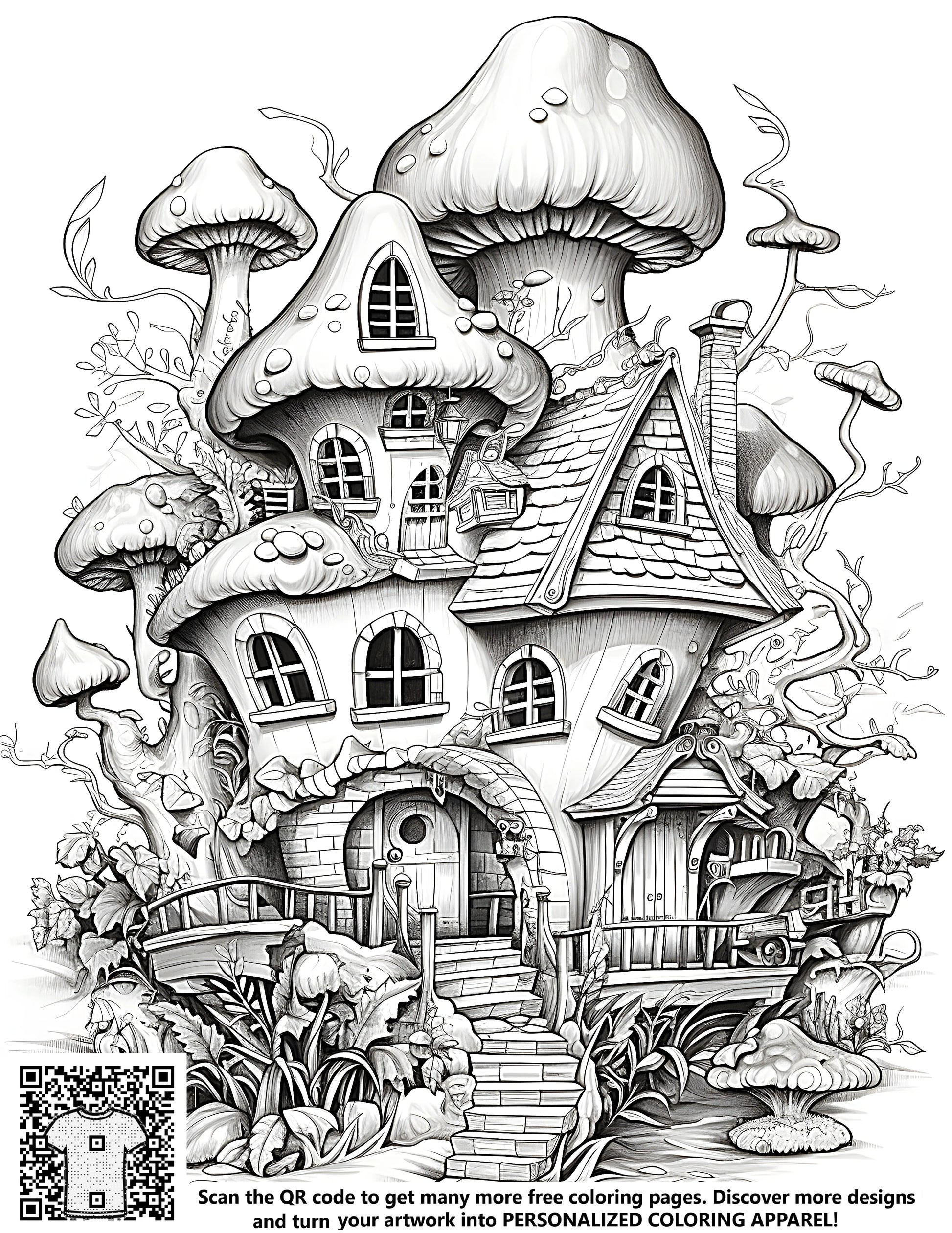 Whimsical free coloring page featuring an enchanting fungi dwelling surrounded by lush greenery and intricate details
