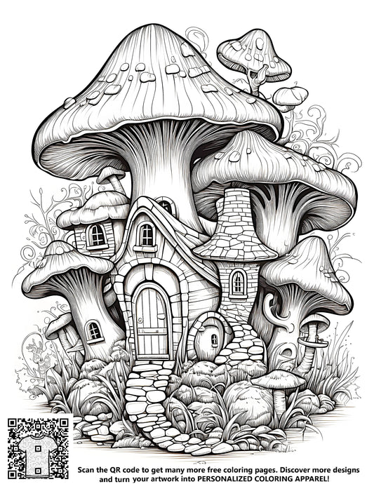 Whimsical fungal abode illustration, detailed black-and-white mushroom house print, surrounded by plants and other fungi in this coloring page kit, featuring 10 vibrant fabric markers
