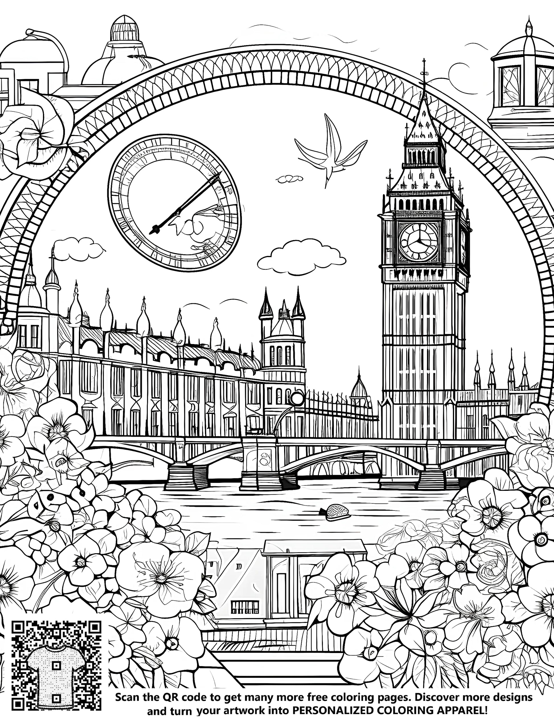 Free coloring page kit of iconic London landmarks including Elizabeth Tower and Houses of Parliament with vibrant fabric markers and detailed architectural illustrations
