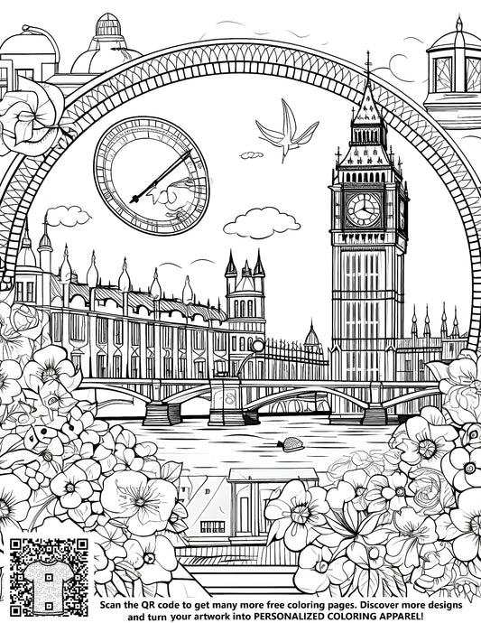 FREE Big Ben and Parliament Coloring Page - Printable Line Drawing with Bridge and Flowers Download