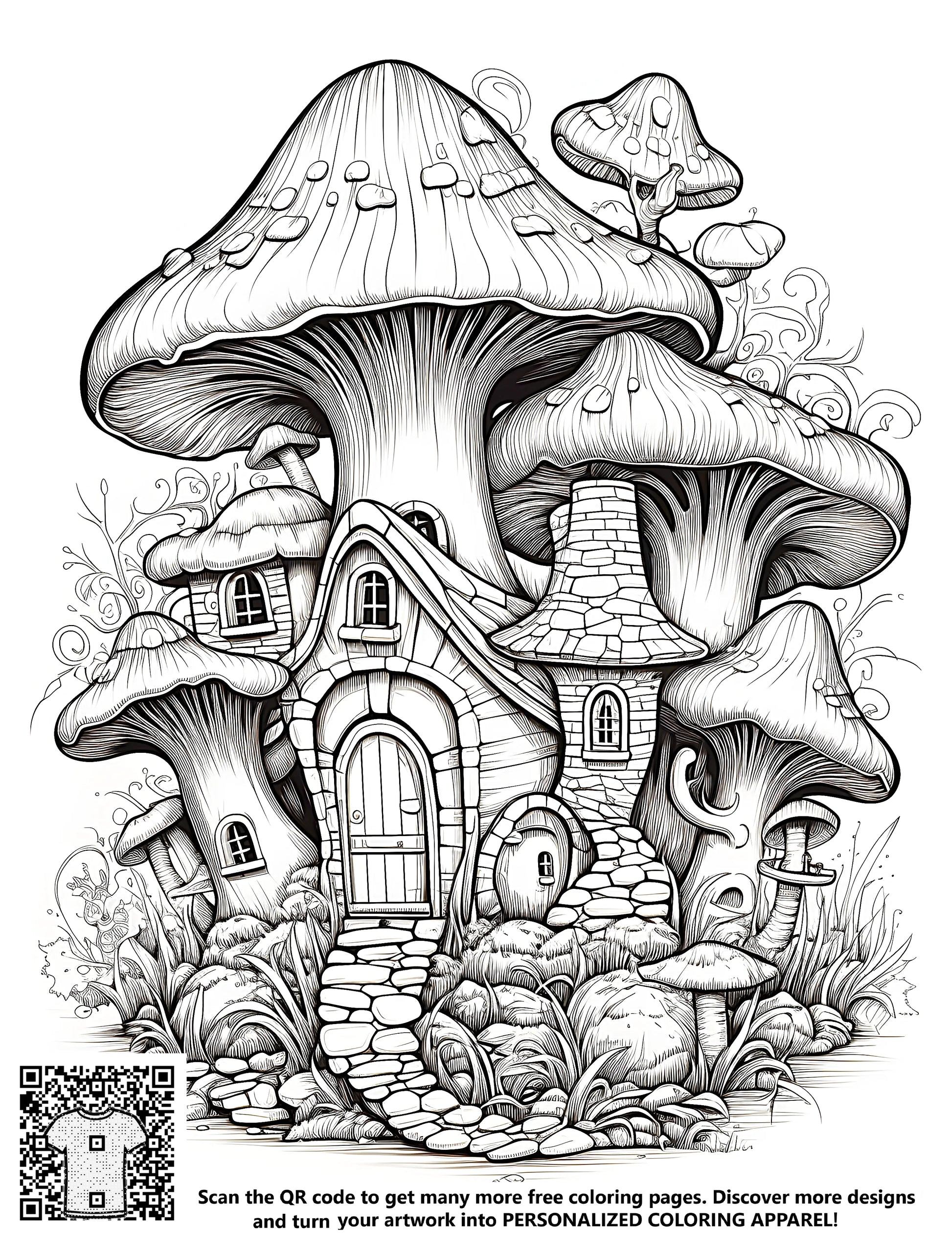 Whimsical illustration of fantastical mushroom abodes with detailed doors, windows, and stone pathways for free coloring pages