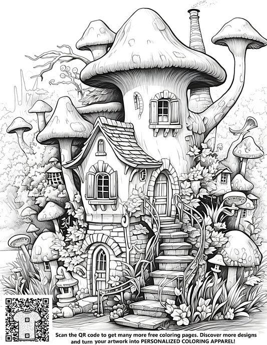 FREE Coloring Page - Fantastical Mushroom House with Stairs and Plants Download