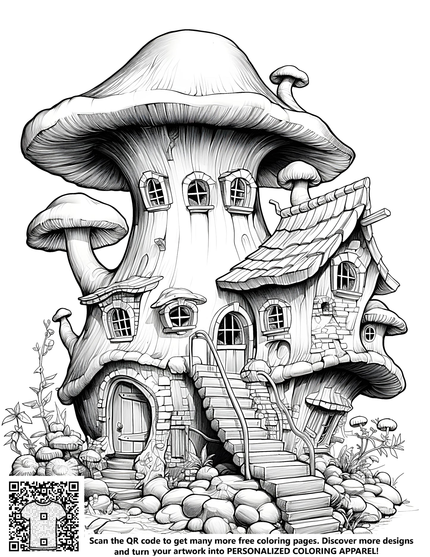 FREE Fantasy Mushroom House Coloring Page - Intricate Details and Plants - Download NOW