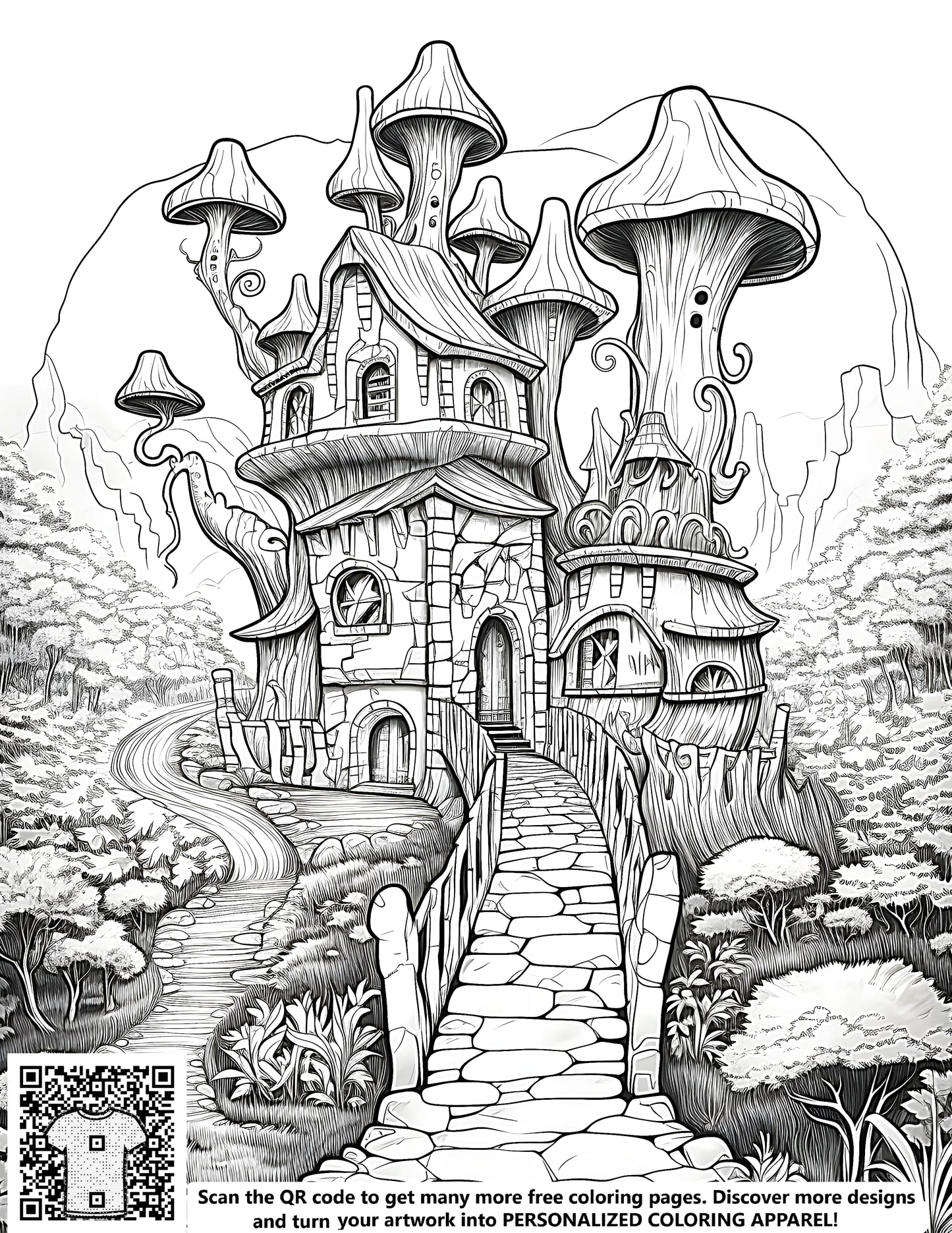 Intricate black-and-white illustration of fantasy mushroom house, stone walkway, and lush wooded area