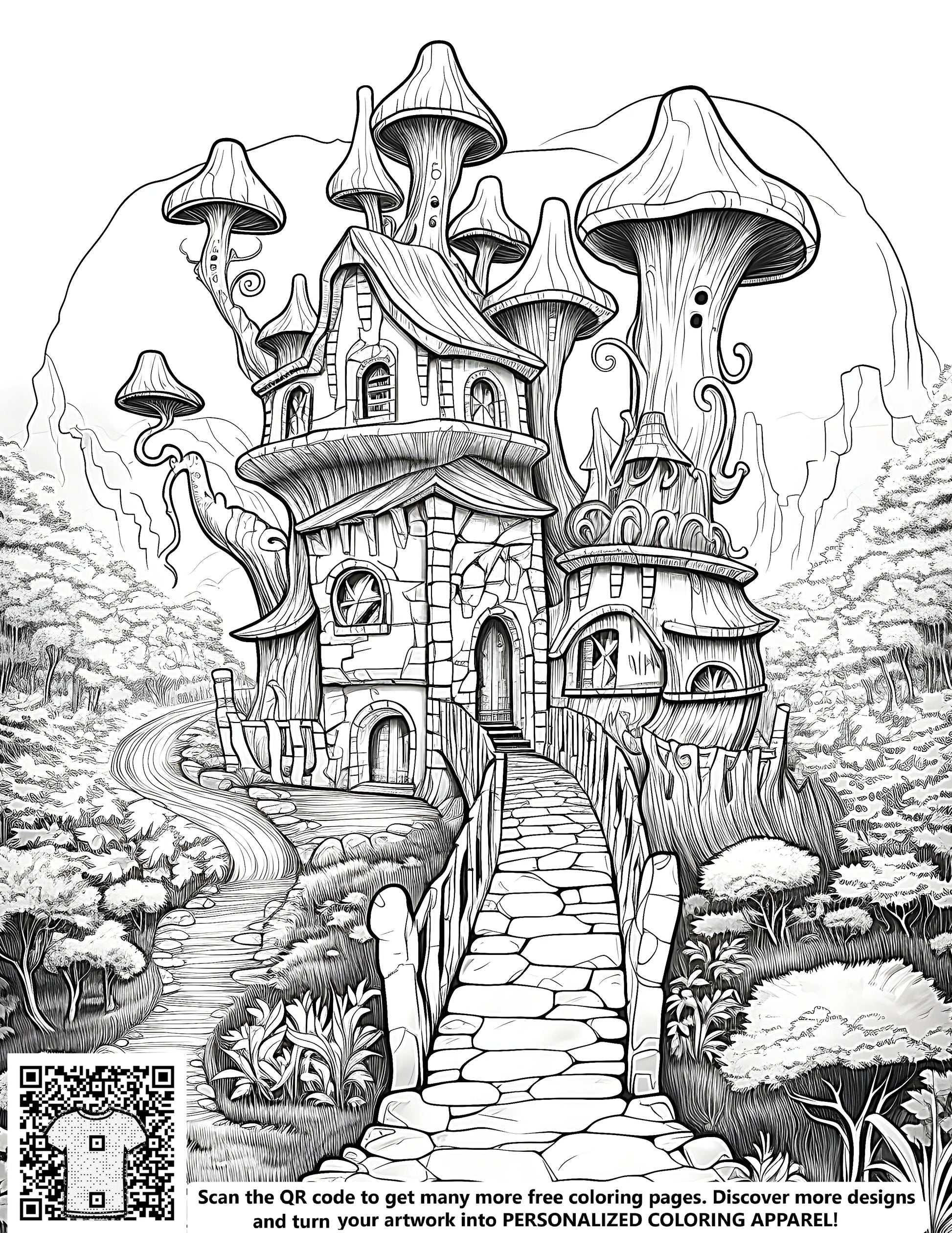Intricate black-and-white illustration of fantasy mushroom house, stone walkway, and lush wooded area