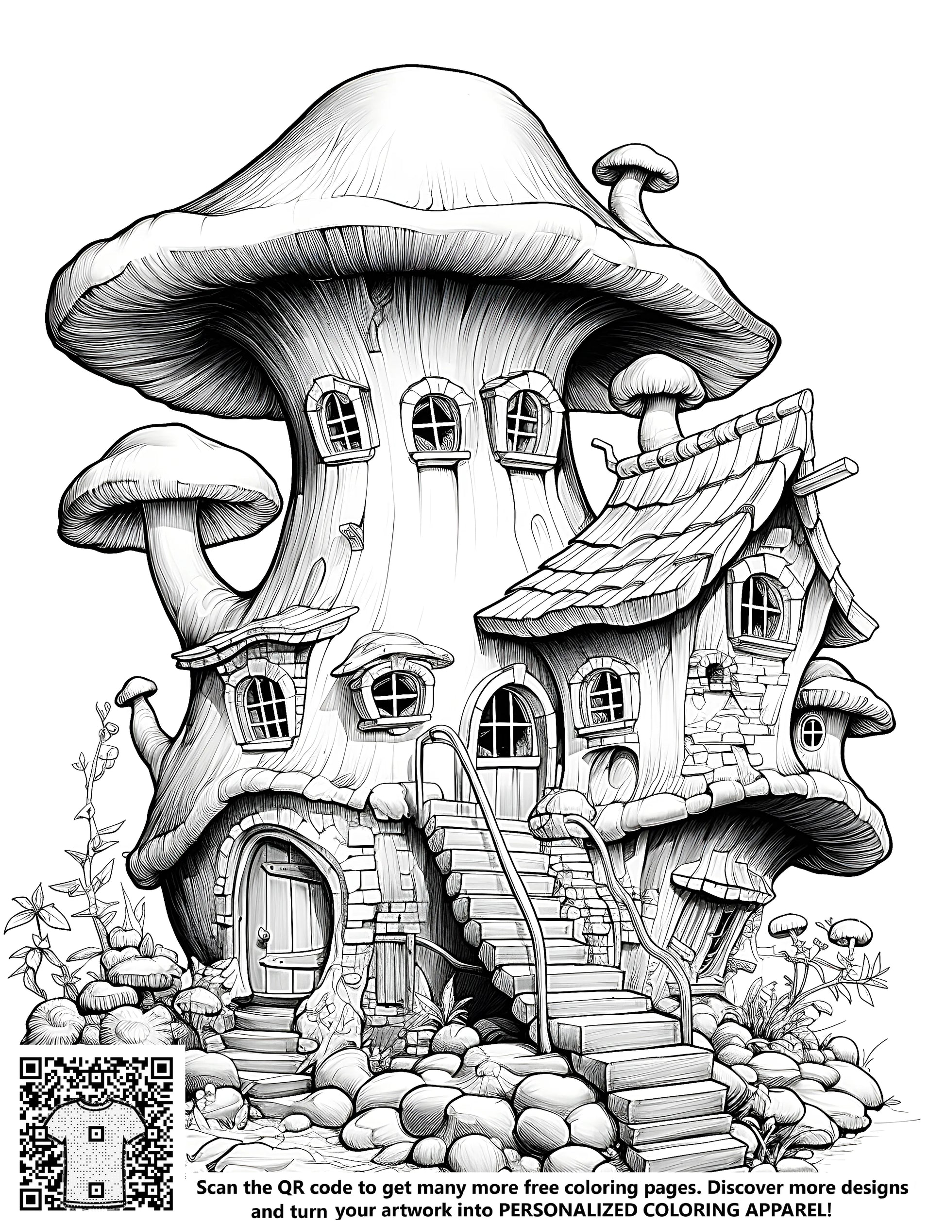 Whimsical mushroom-shaped house illustration, fantasy home decor design, free coloring page print