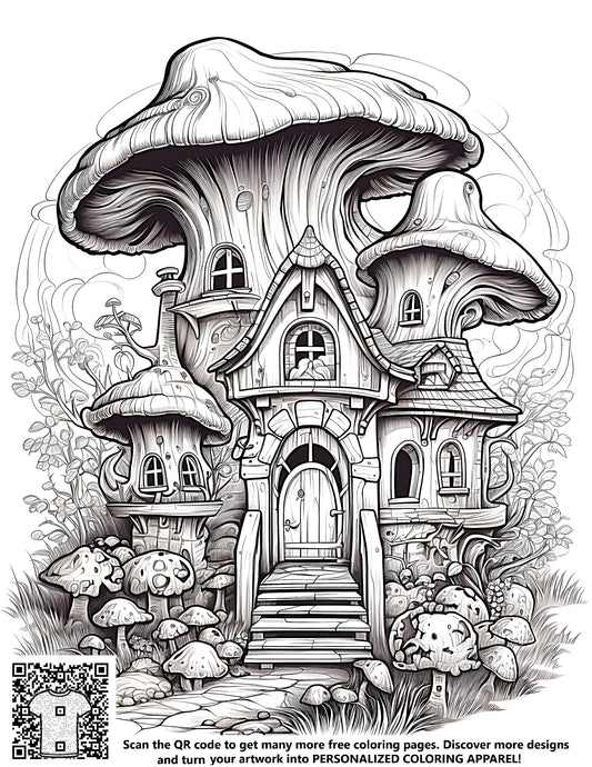 FREE Coloring Page - Whimsical Mushroom House in Fantasy Woodland - Download NOW