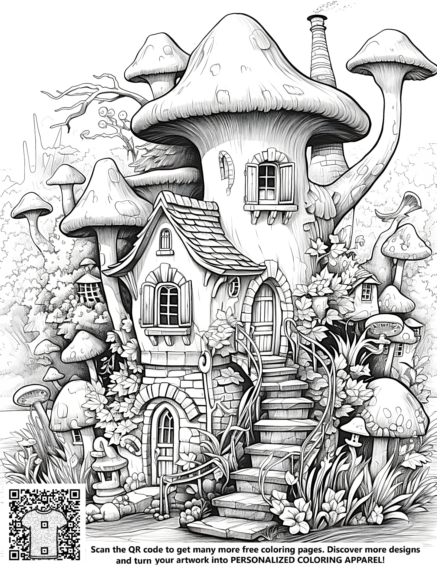 A detailed black and white fantasy illustration of a mushroom house with a staircase, surrounded by plants and whimsical elements. Free coloring page for adults and kids.