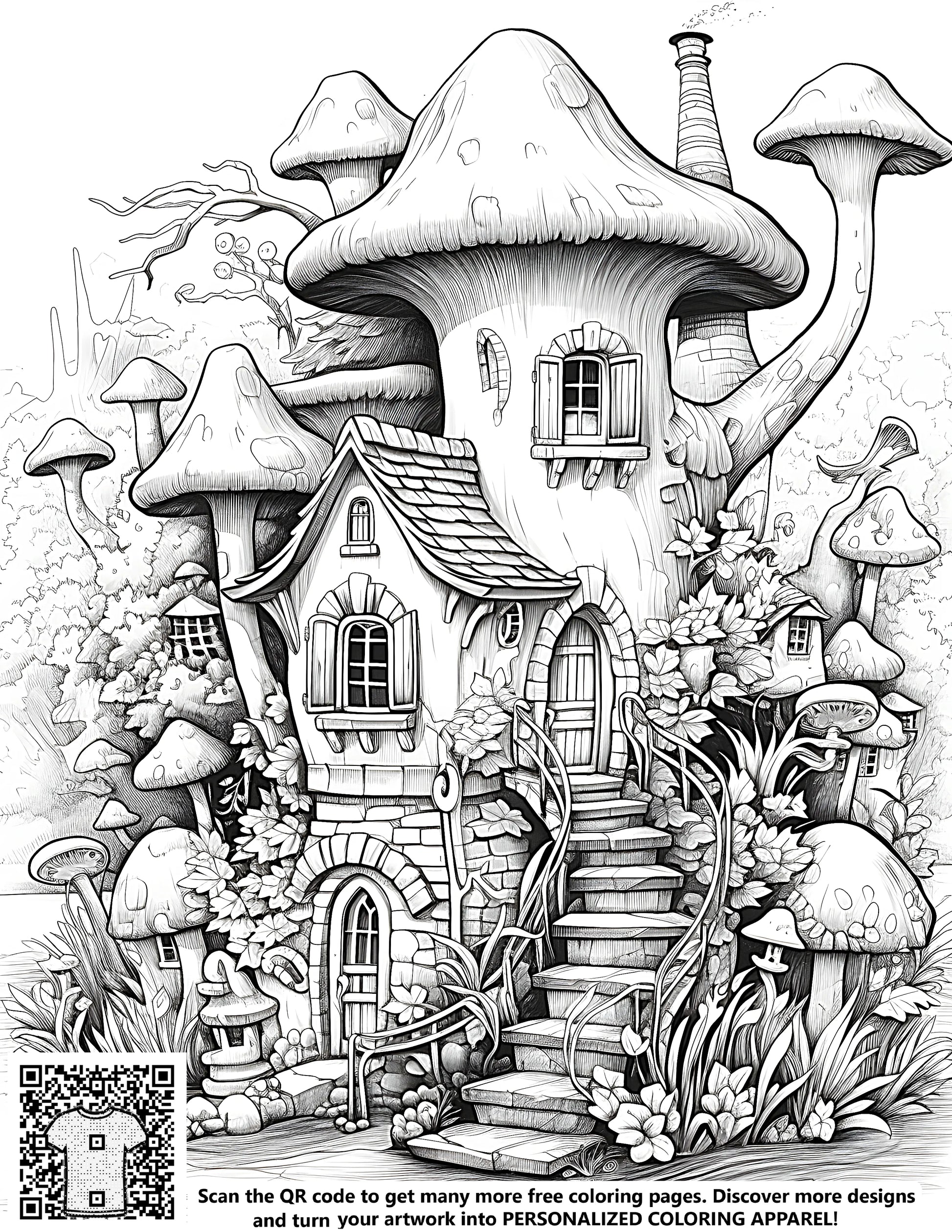 A detailed black and white fantasy illustration of a mushroom house with a staircase, surrounded by plants and whimsical elements. Free coloring page for adults and kids.