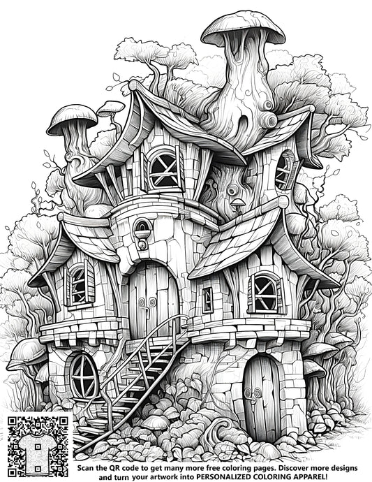 Whimsical Forest Scene with Fungi House Design - Free Coloring Page Kit