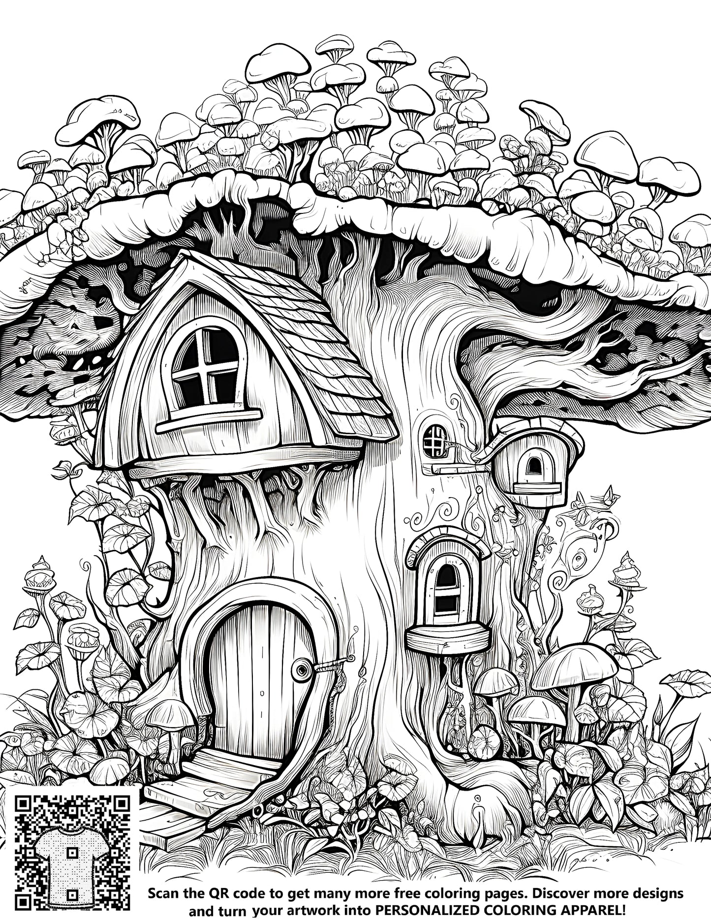 Whimsical mushroom cottage coloring page illustration with detailed drawing of windows, door, and surrounded by plants and smaller fungi for kids craft and art project