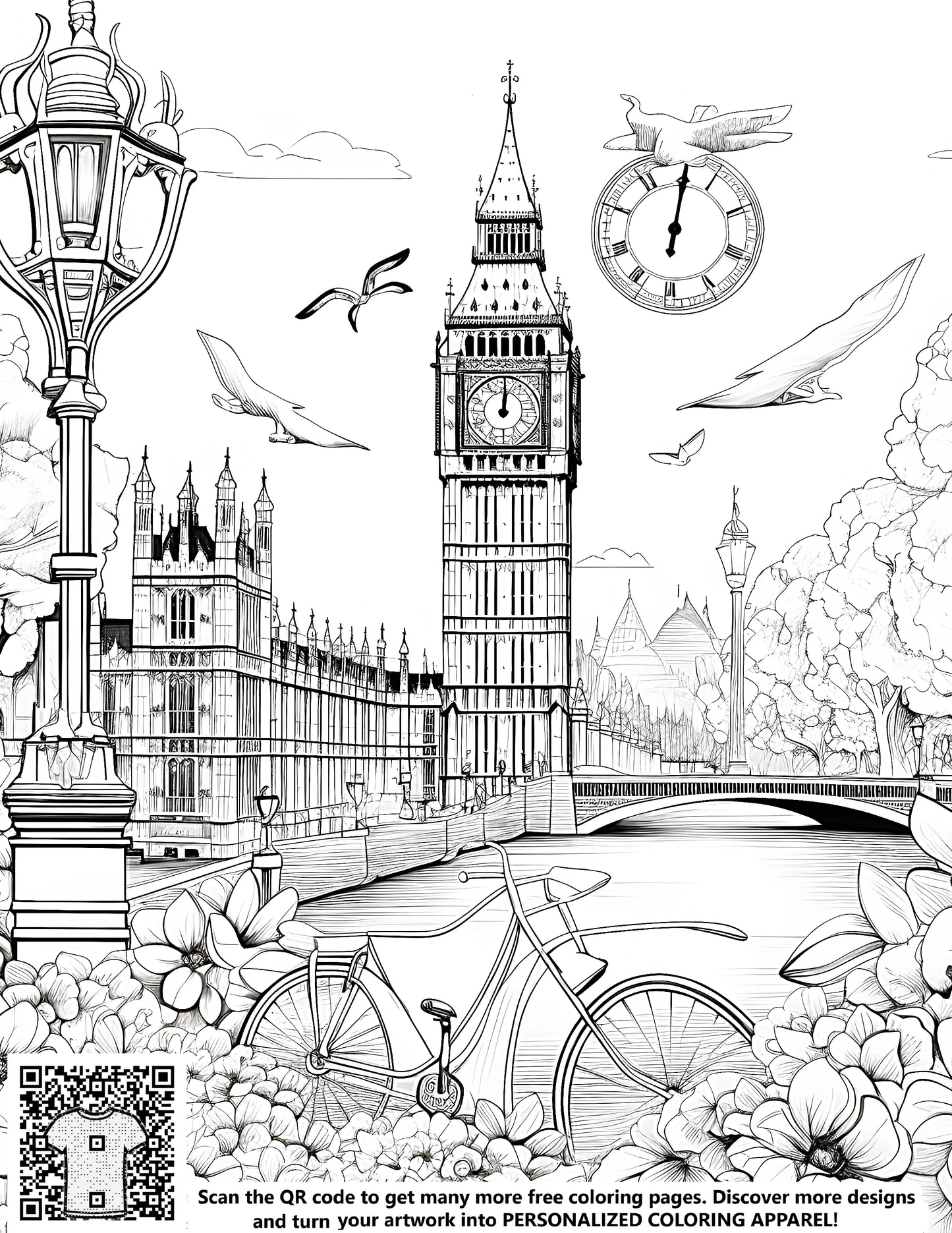 London landmark coloring page with detailed drawing of Big Ben clock tower, flowers, bicycle, trees, river, and birds for kids and adults