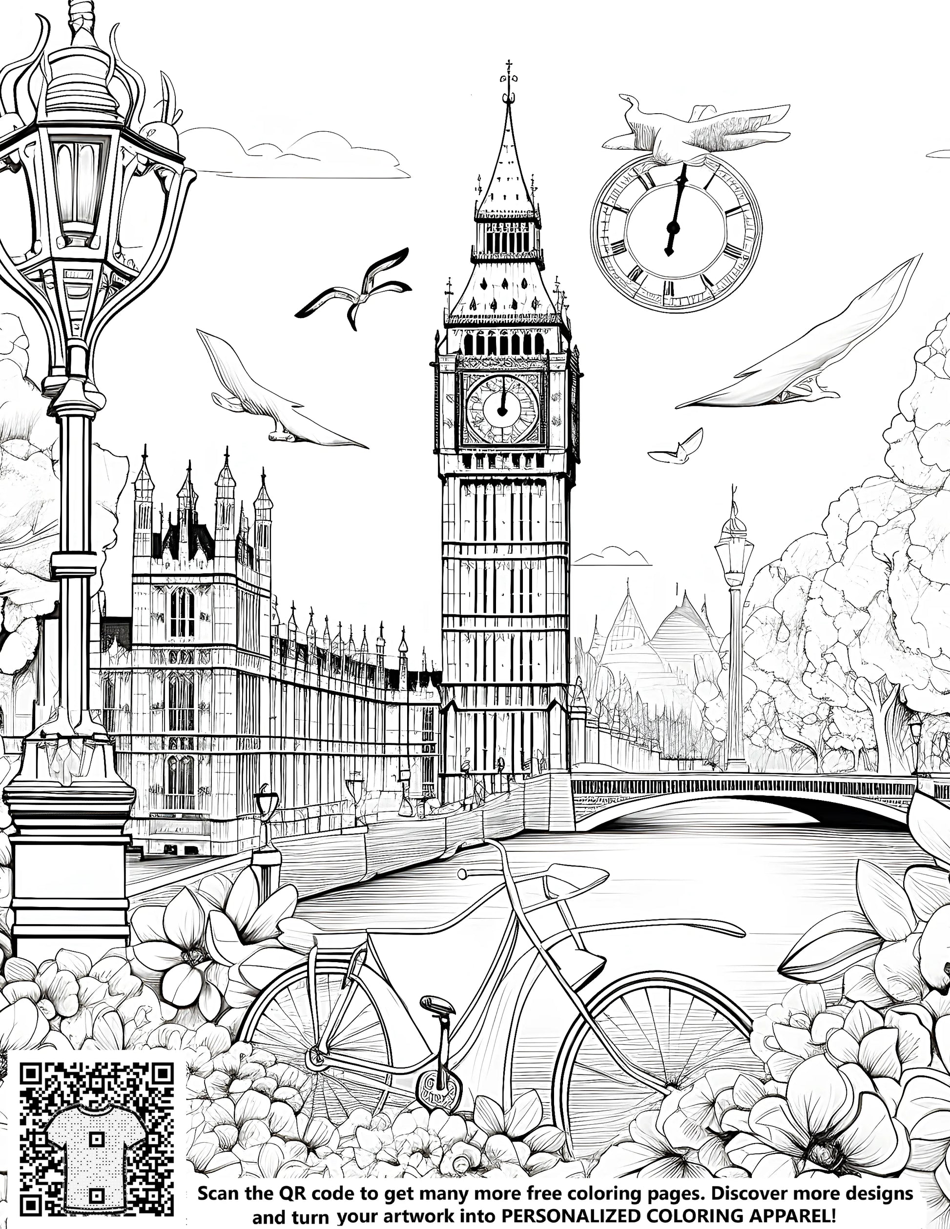 London landmark coloring page with detailed drawing of Big Ben clock tower, flowers, bicycle, trees, river, and birds for kids and adults