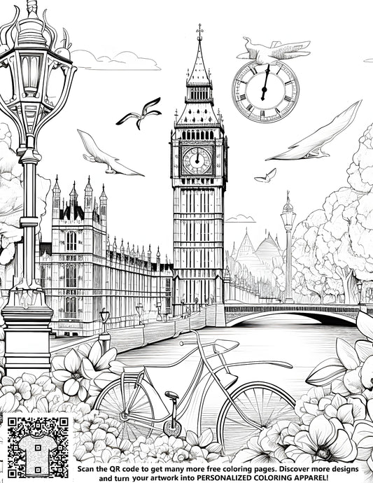 FREE Big Ben Coloring Page with Flowers Bicycle Trees River and Birds - Download NOW