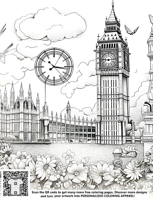 FREE Big Ben and Scenic Sky Coloring Page Download NOW