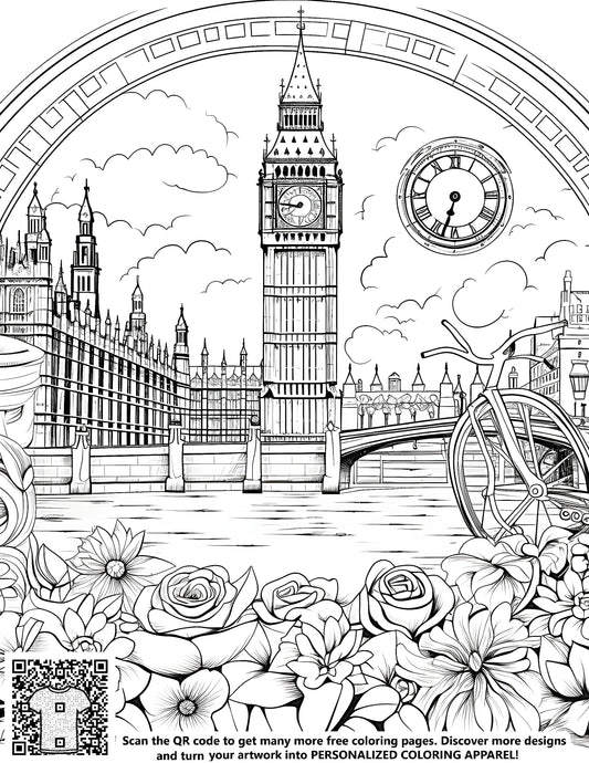 FREE Big Ben London Coloring Page - Intricate Flowers and Bicycle - Download NOW