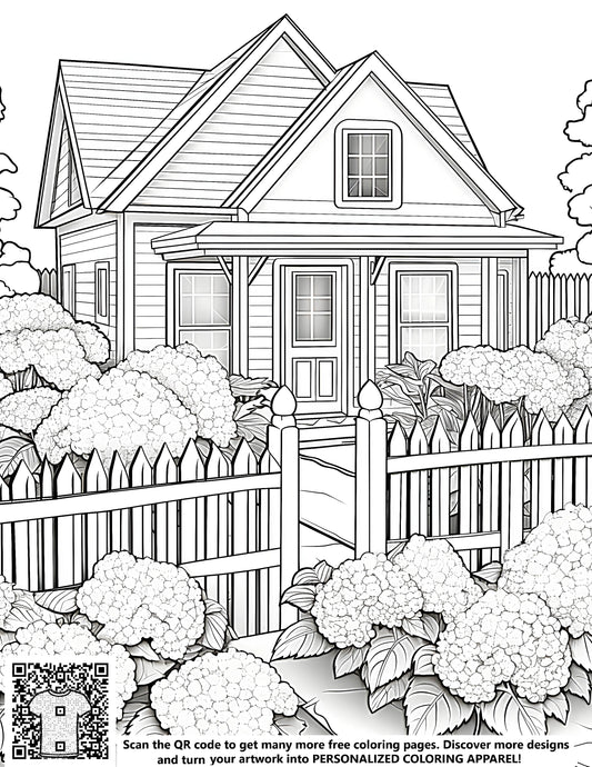 FREE Cottage-Style House Coloring Page with Picket Fence and Flower Bushes - Download NOW