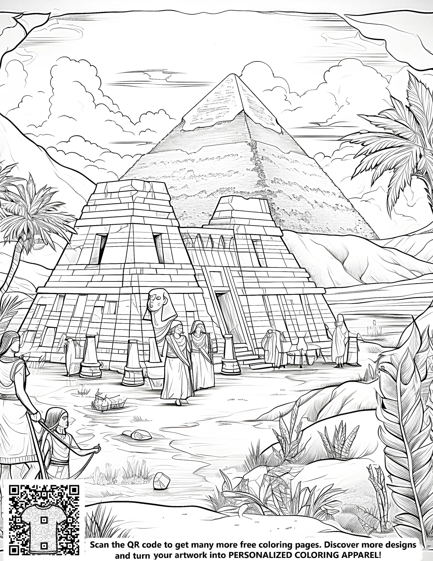 Ancient Egyptian pyramids coloring page, free adult coloring book design for relaxation and art therapy