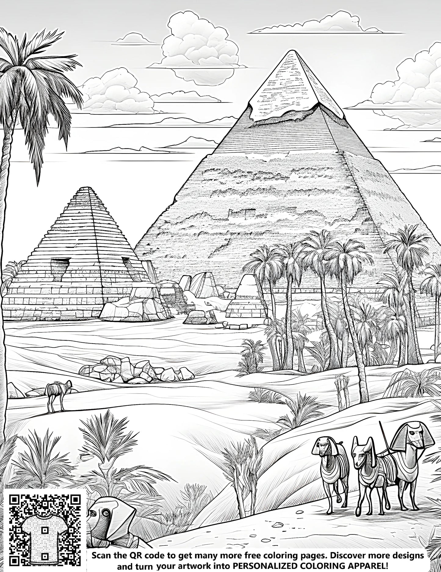 Egyptian pyramids coloring page with camels and palm trees