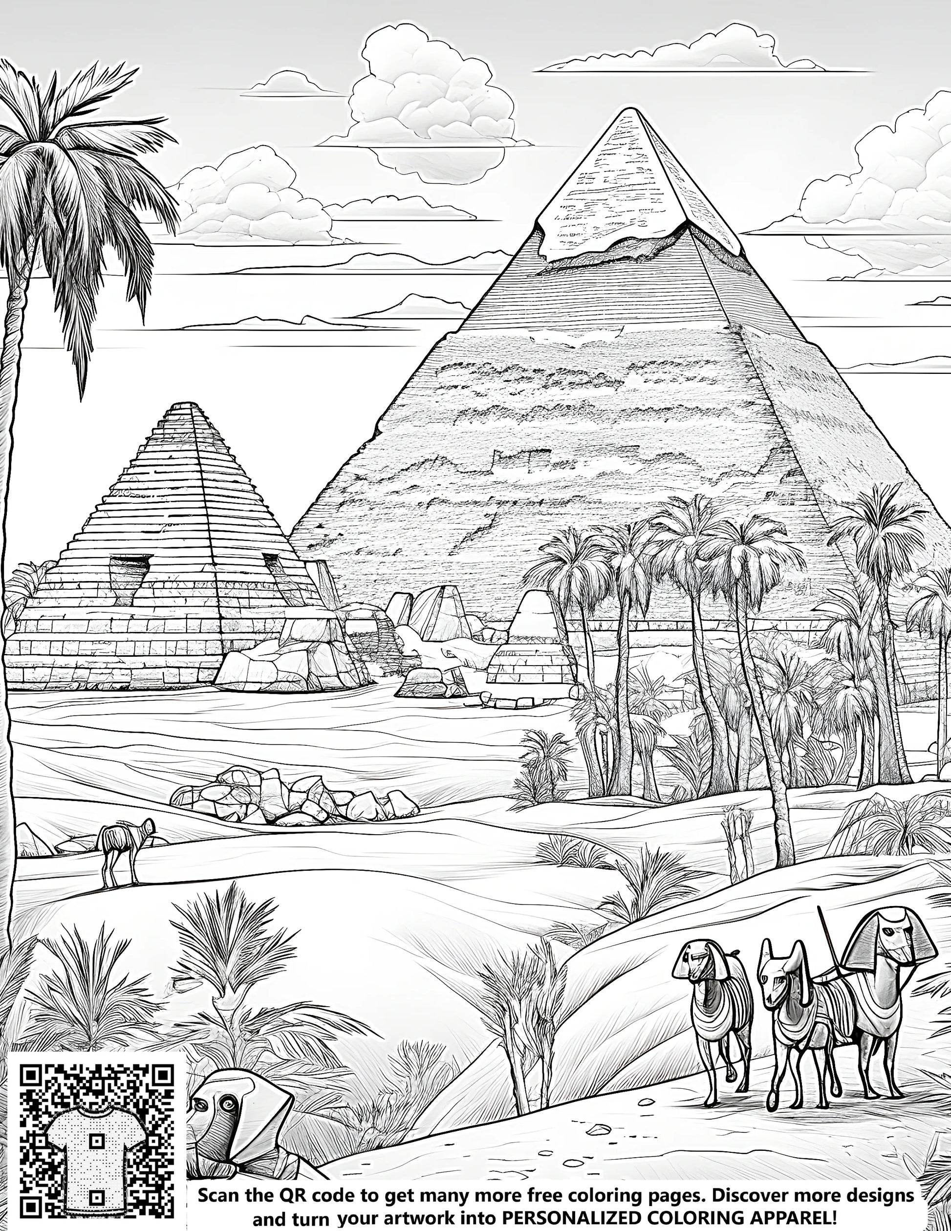 Egyptian pyramids coloring page with camels and palm trees