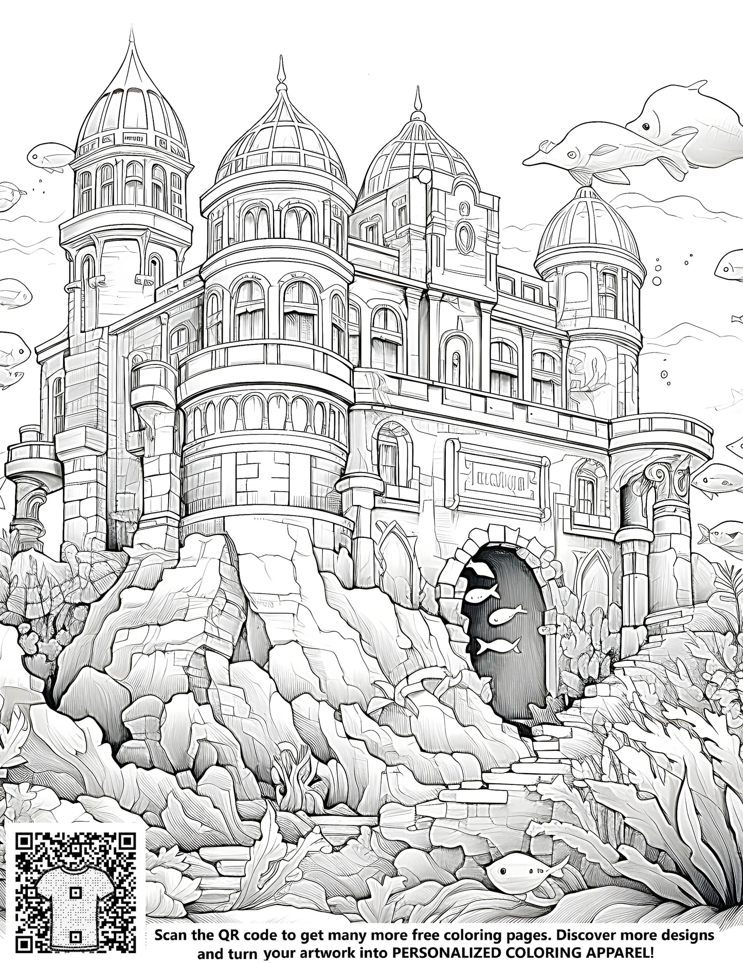 Free coloring page of an elaborate underwater castle with domes and towers, surrounded by fish, dolphins, and coral formations