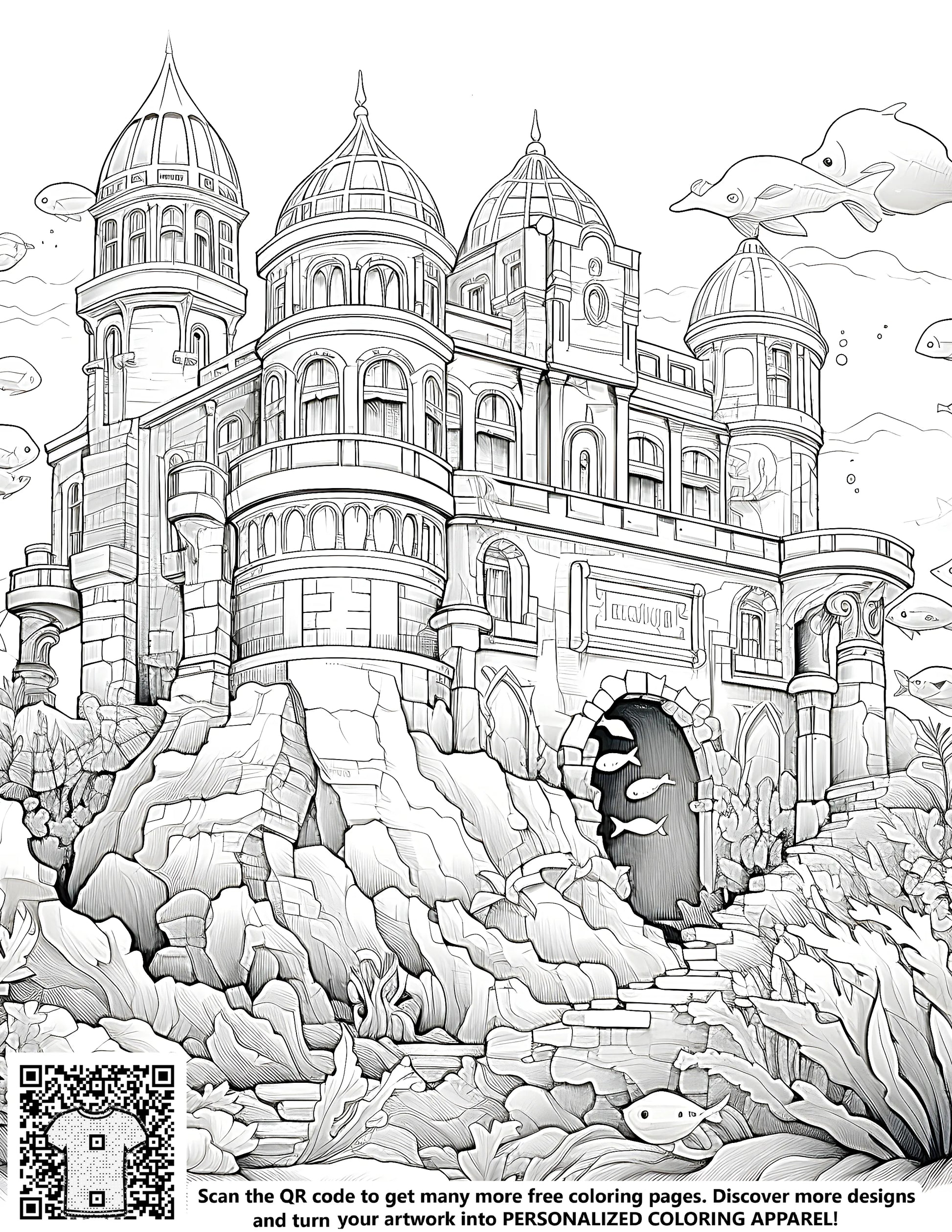 Free coloring page of an elaborate underwater castle with domes and towers, surrounded by fish, dolphins, and coral formations