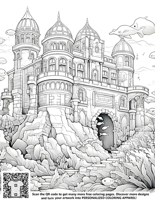 Free coloring page of an elaborate underwater castle with domes and towers, surrounded by fish, dolphins, and coral formations