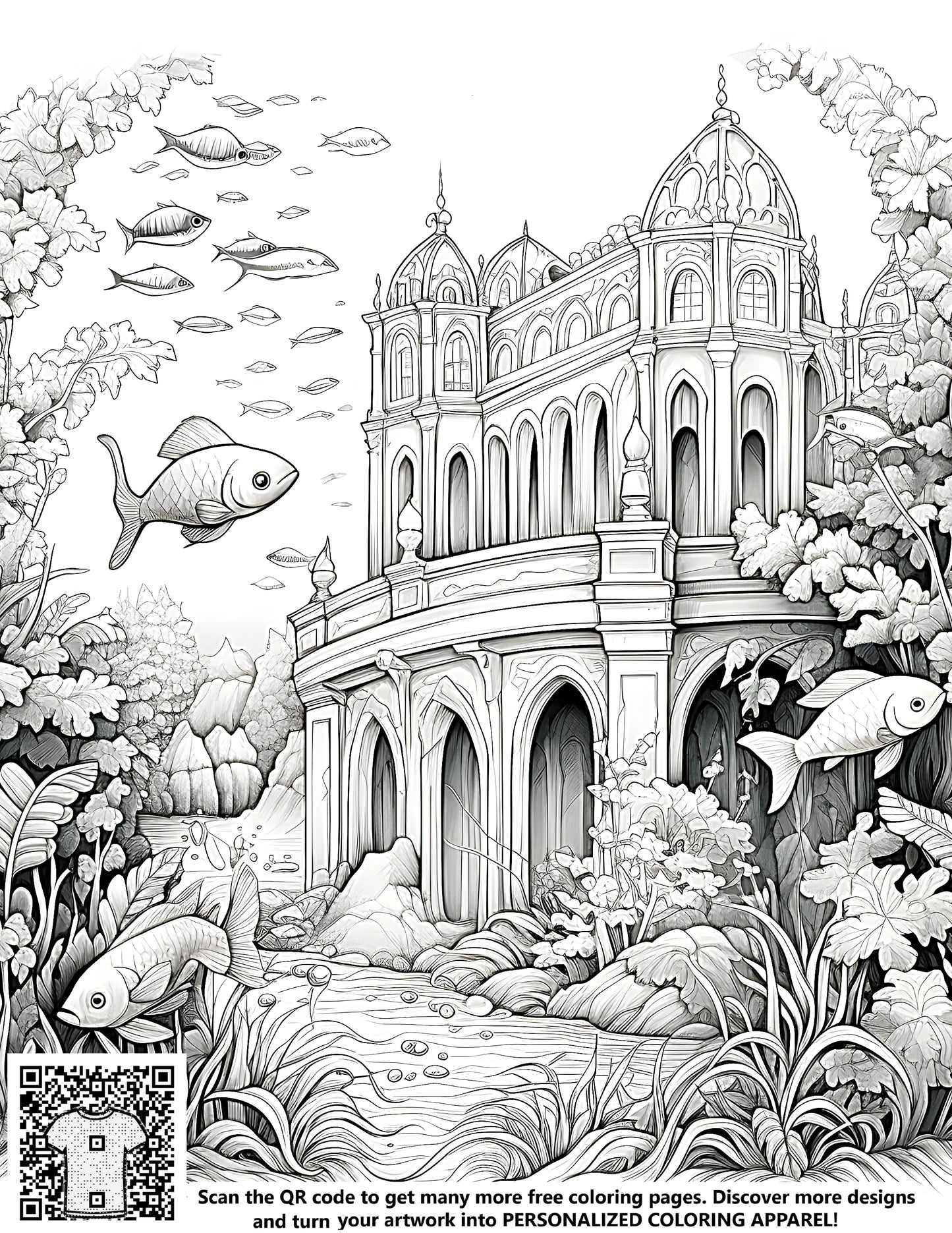 An intricate black and white drawing of an underwater castle surrounded by marine life, including fish, architecture designs, free coloring page
