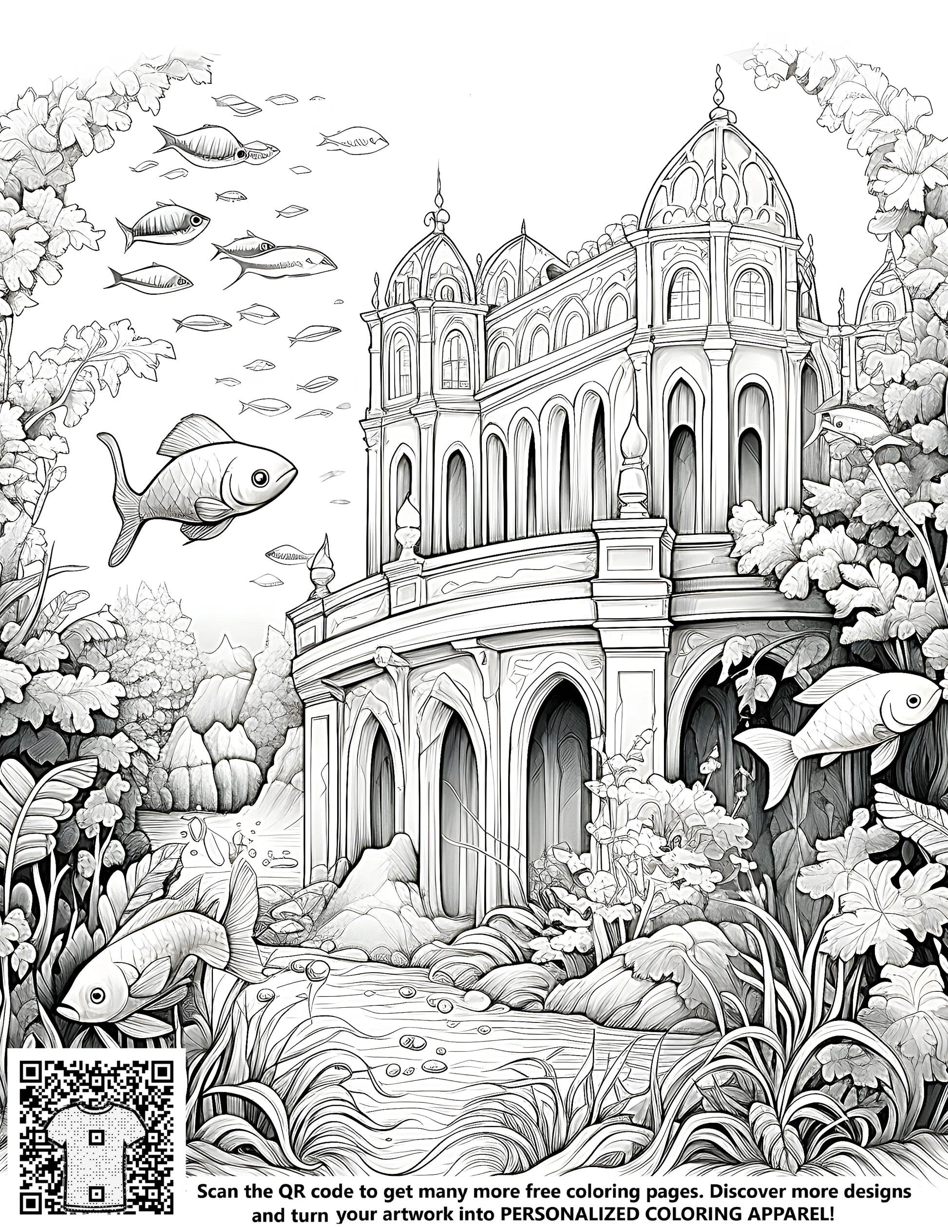 An intricate black and white drawing of an underwater castle surrounded by marine life, including fish, architecture designs, free coloring page