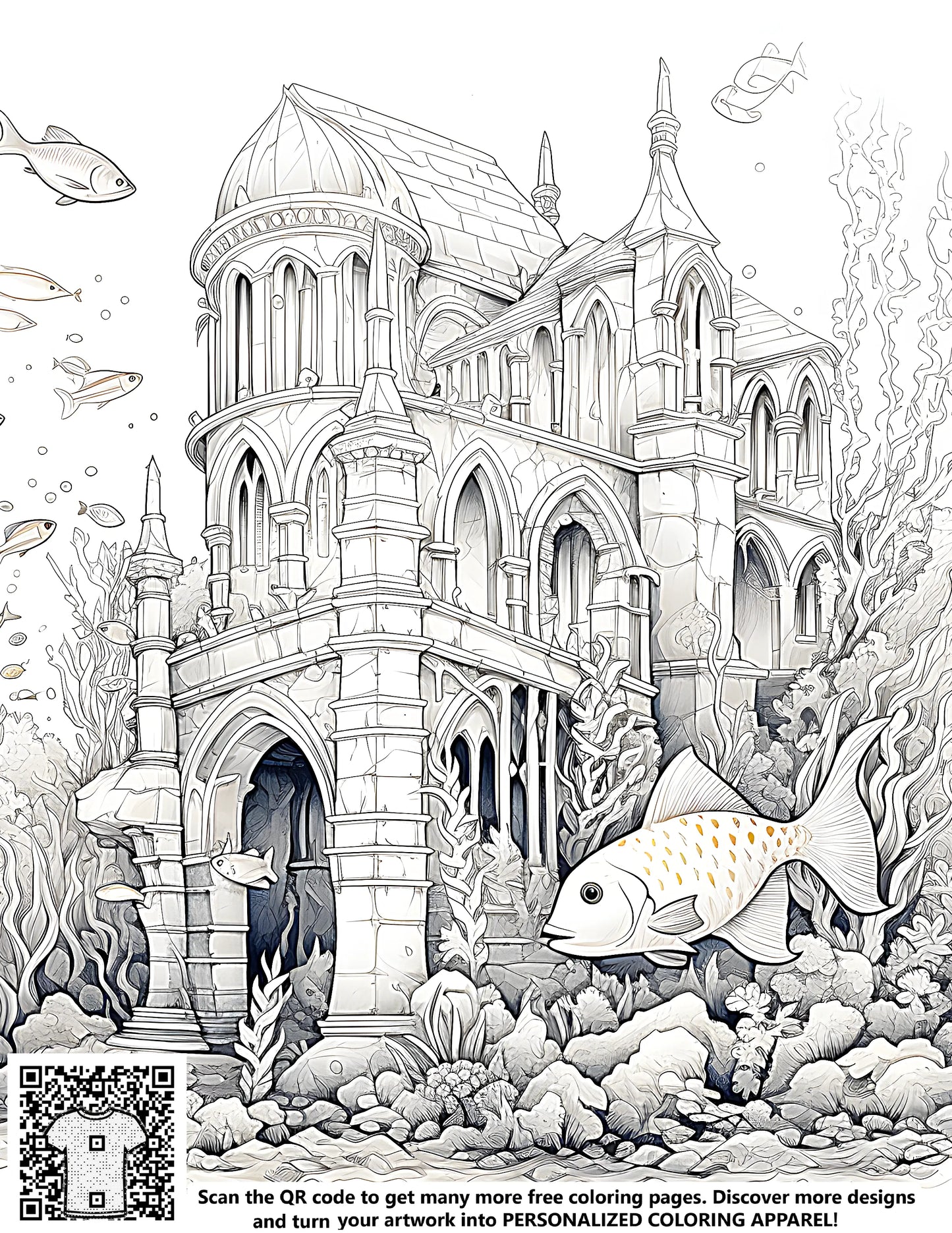 Underwater kingdom coloring page, castle under the sea artwork, oceanic mansion illustrations, sea castle designs