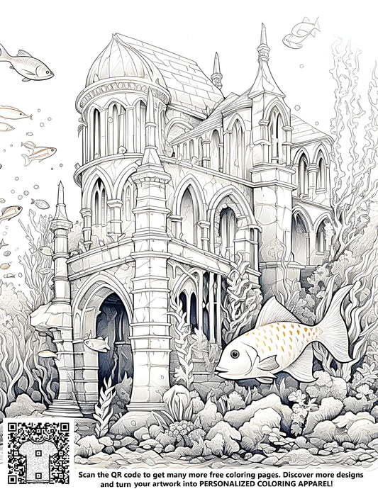 Underwater kingdom coloring page, castle under the sea artwork, oceanic mansion illustrations, sea castle designs