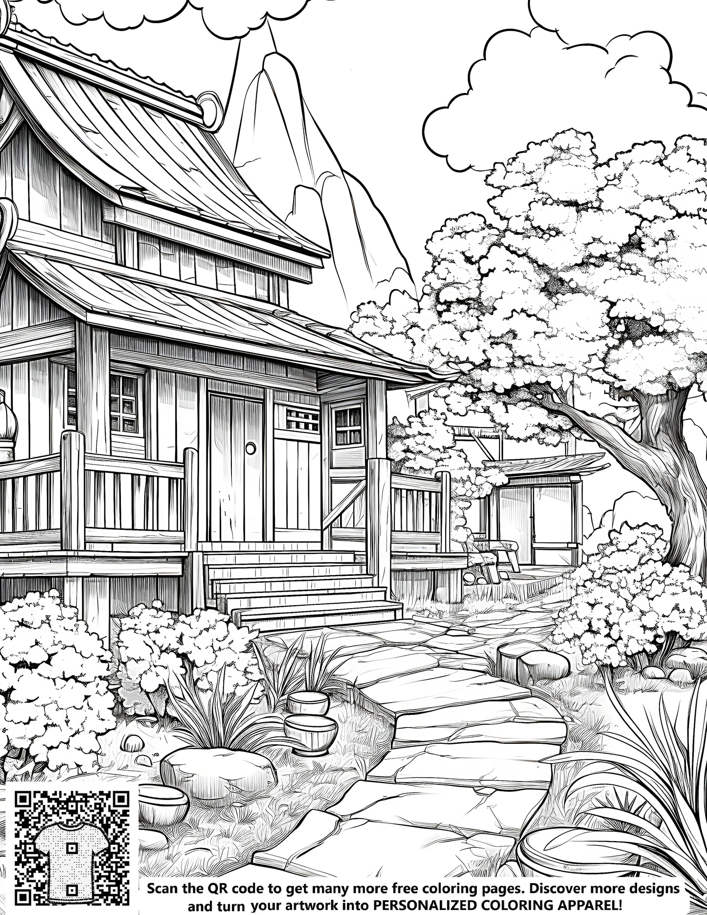 Traditional Japanese-style house coloring page with garden, rock path, bonsai trees and mountain, colorful free printable