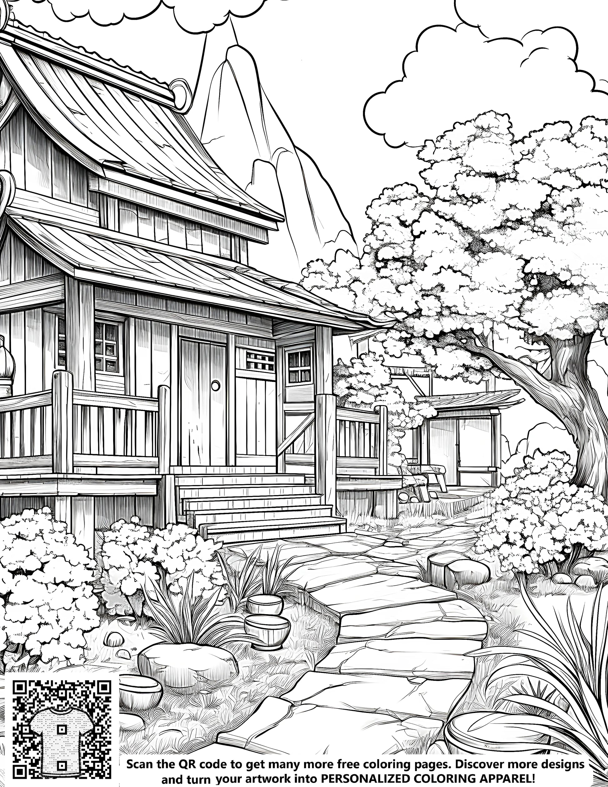 Traditional Japanese-style house coloring page with garden, rock path, bonsai trees and mountain, colorful free printable