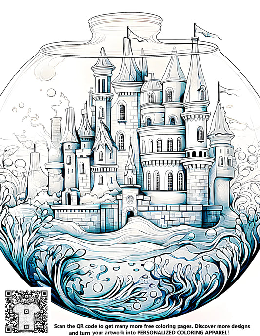 A detailed underwater castle scene within a fishbowl surrounded by waves