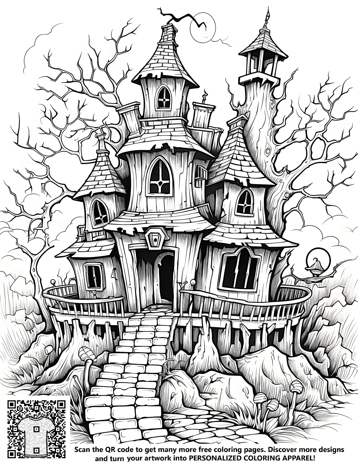 A free coloring page featuring a haunted house design with twisted architecture, eerie trees, and a winding stone path. Perfect for Halloween themes.
