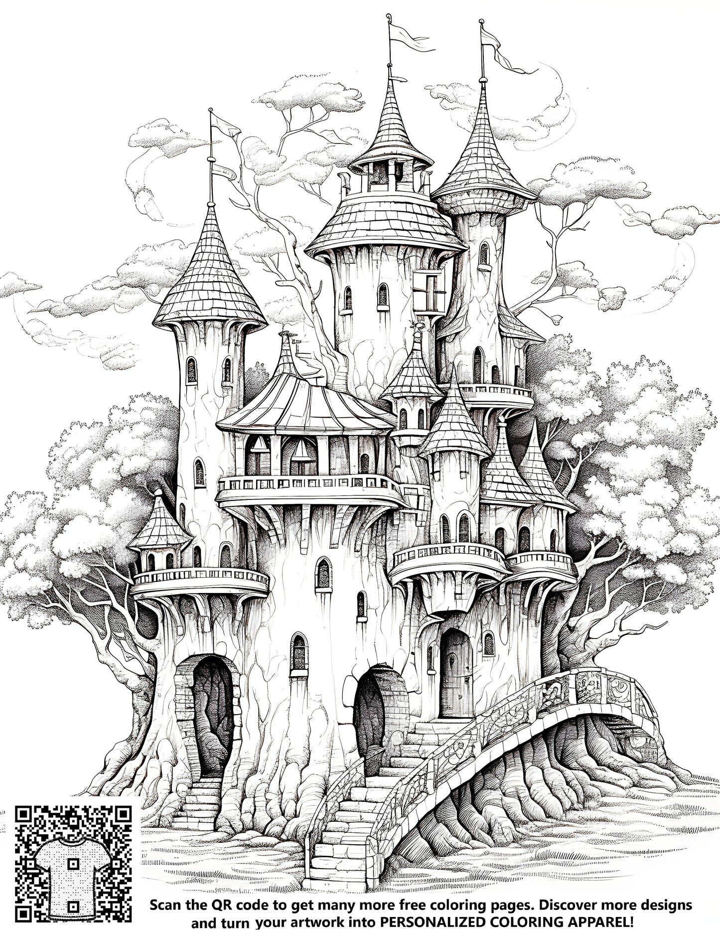 Whimsical treehouse illustration, free coloring page, castle design, fantasy architecture, children's activity