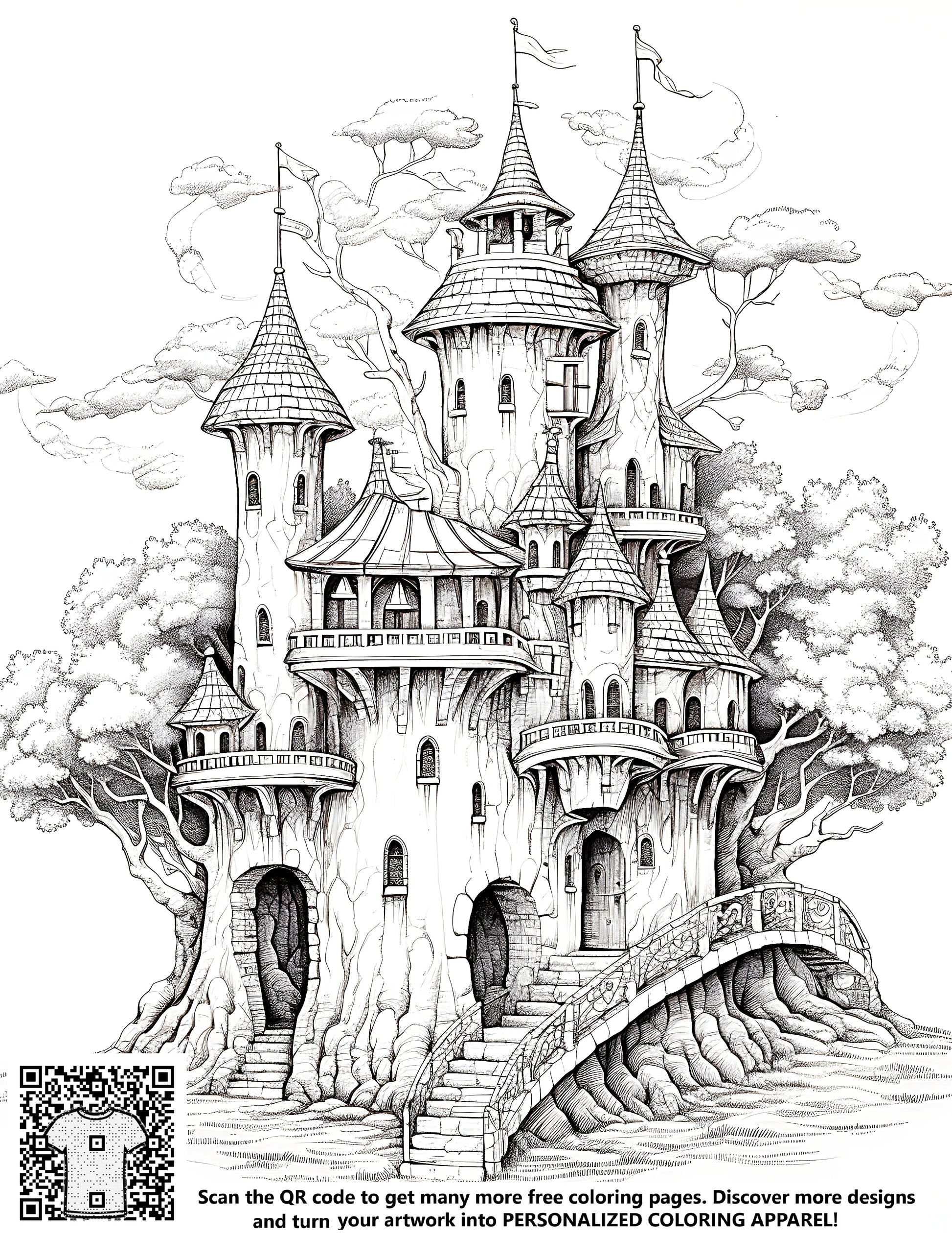 Whimsical treehouse illustration, free coloring page, castle design, fantasy architecture, children's activity