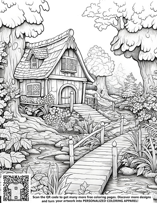 FREE Fairy Tale Cottage Coloring Page - Printable Forest Scene with Stream and Bridge