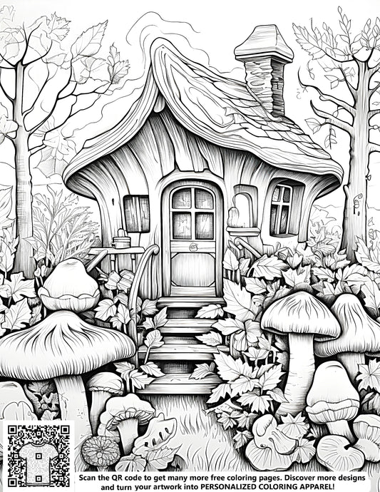 Whimsical Forest Cottage with Mushrooms and Foliage Coloring Page