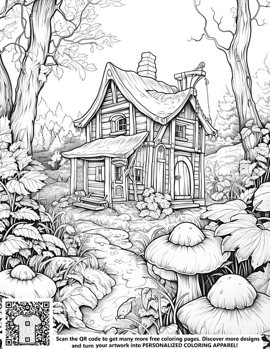 FREE Fairy Tale Cottage Coloring Page - Printable Forest Scene Download