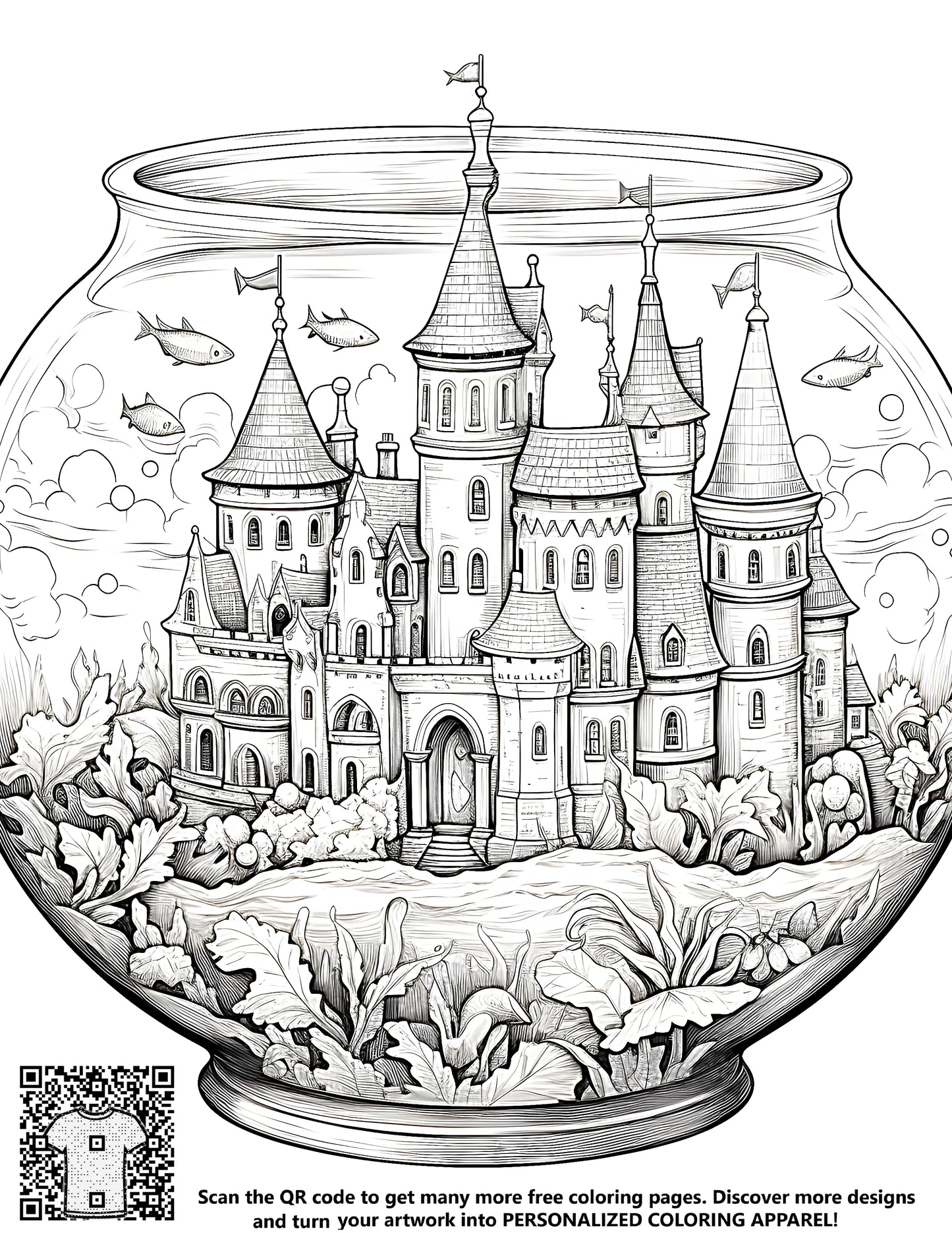 Majestic castle illustration within a fishbowl surrounded by vibrant aquatic plants and colorful fish. Perfect for coloring enthusiasts.