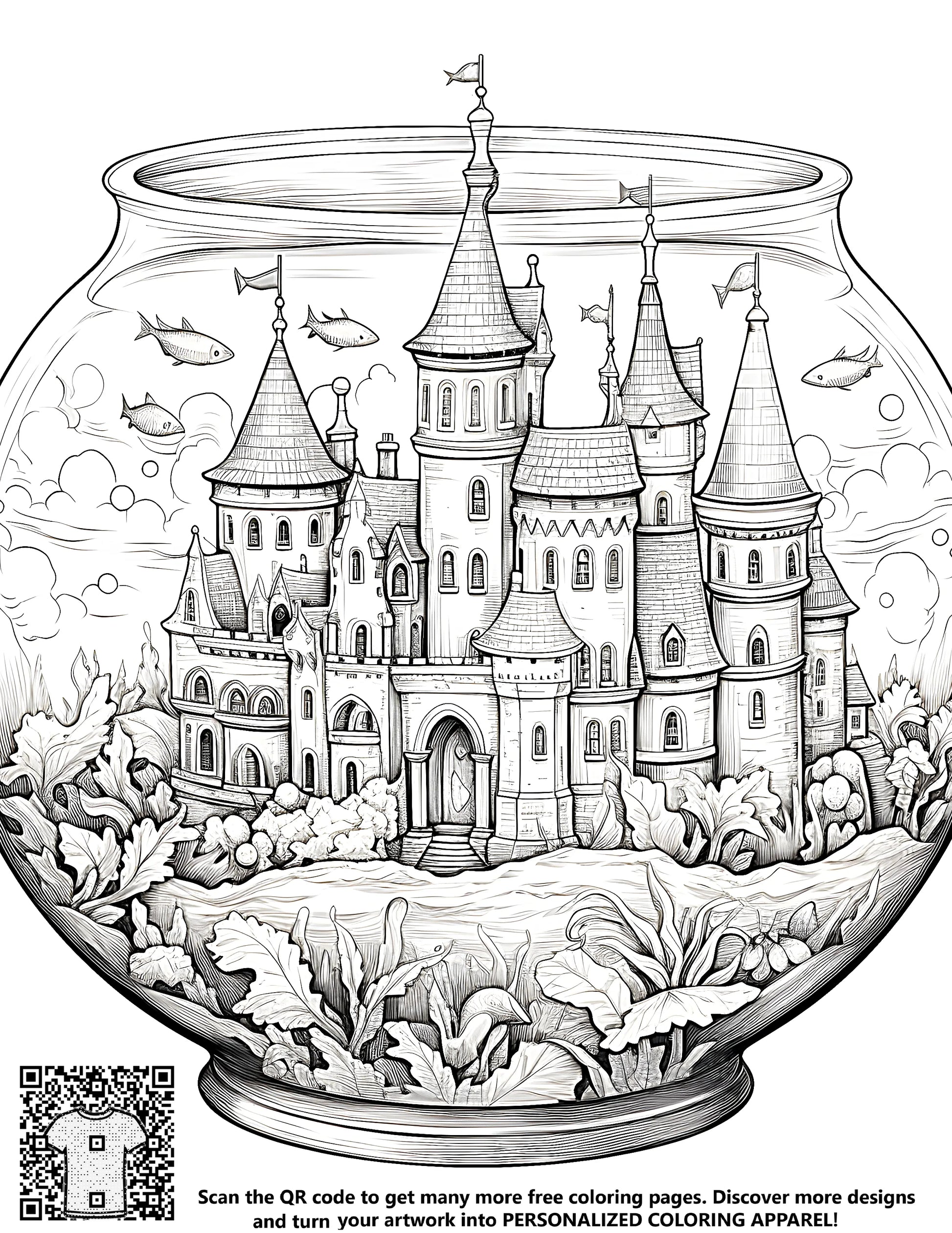 Majestic castle illustration within a fishbowl surrounded by vibrant aquatic plants and colorful fish. Perfect for coloring enthusiasts.