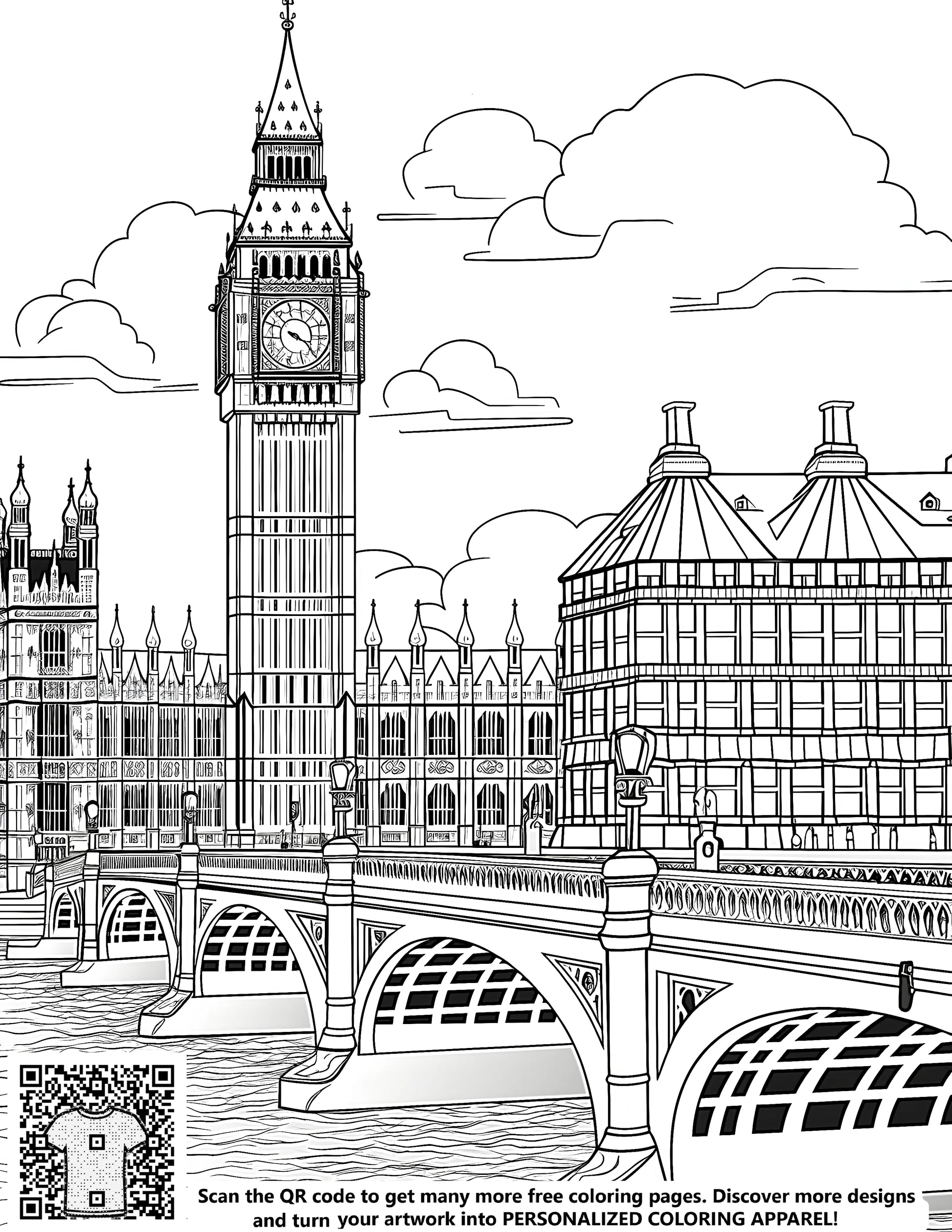 London landmark coloring page with Big Ben, Westminster Bridge, and surrounding buildings